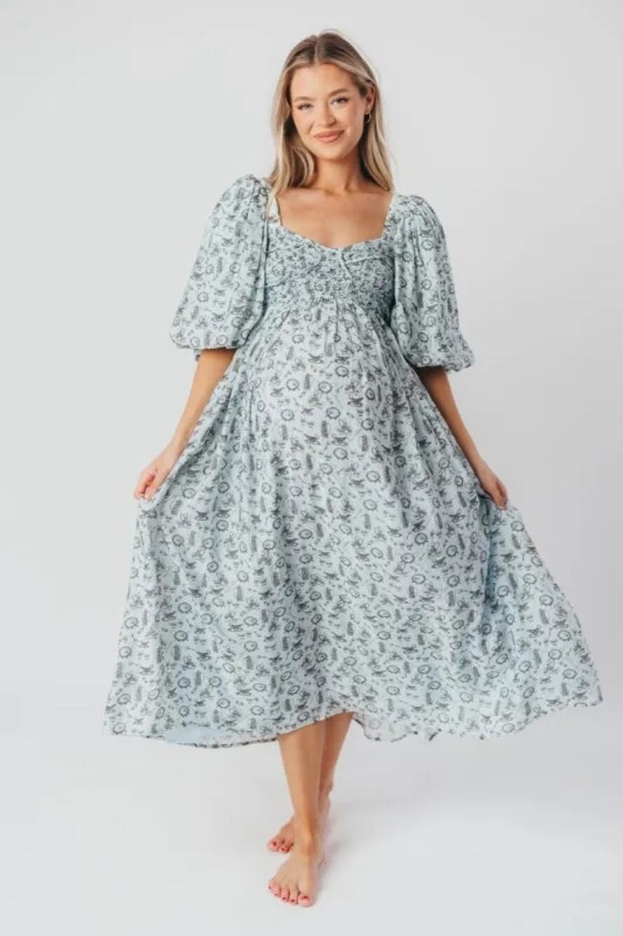 Romantic Blue Floral Smocked Maxi Dress Puff Sleeve Square Neck Cottagecore Boho